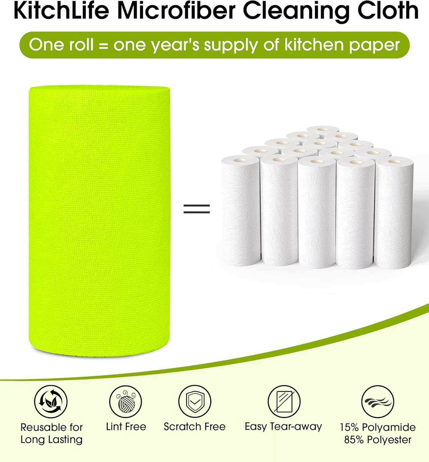 KitchLife Microfiber Cleaning Cloth Roll, 100 Pack - Tear-Away Microfiber Paper Towels, Lint-Free, Reusable, Washable for Kitchen, Car, Dishes, and Sensitive Surfaces (Neon Green)