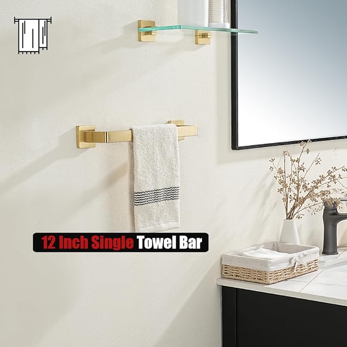 JQK Gold Towel Bar, Rounded Edges 18.41 Inch Towel Rack, 304 Stainless Steel Bathroom Wall Mount, Useable Length 16 Inch, TB250L16-BG