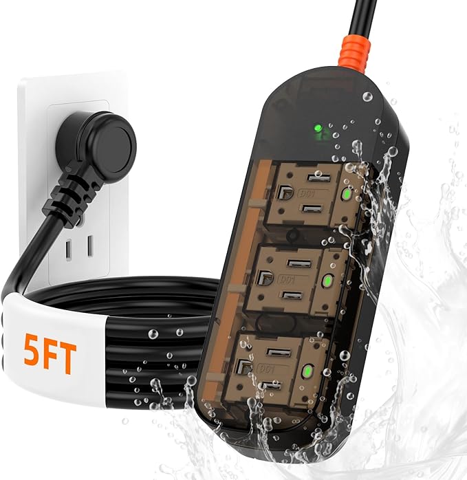 Surge Protector Power Strip, KPQ IPX6 Grade Waterproof Outdoor/Indoor Power Strip Weatherproof with 3 AC Outlets, 5FT Extension Cord, Wall Mountable for Home, Office, Camping