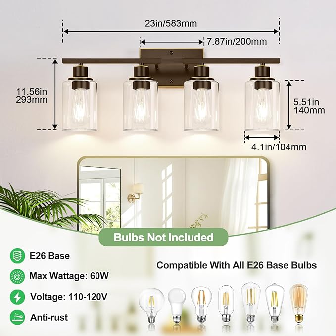 4 Light Bathroom Light Fixtures, Oil-Rubbed Bronze Modern Vanity Lights with Clear Glass Shades, Bathroom Wall Lamp for Mirror Living Room Cabinet
