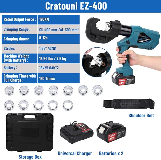 Electric Hydraulic Crimping Tool, 12Ton 6AWG-800MCM Rechargeable Hydraulic Cable Lug Crimper for Cu/Al Terminal, Continuously Crimp Wire Crimping Tool Kit with 12 Dies