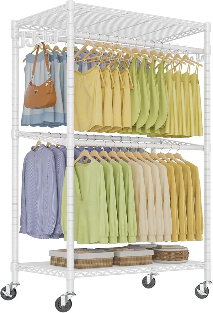 VIPEK R2 Pro Rolling Garment Rack Heavy Duty Clothes Rack with Locking Wheels Adjustable Shelves 2-Sided Hanging Rods Metal Closet Freestanding Clothing Racks, Max load 600lbs, White