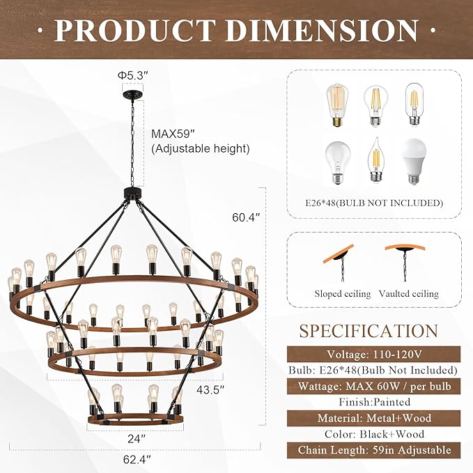 Extra Large 63'' Wooden Wagon Wheel Chandelier Farmhouse 3 Tier 48 Lights Black Rustic Round Wood Pendant Light Fixture for High Ceiling Living Dining Room Foyer Villa Staircases