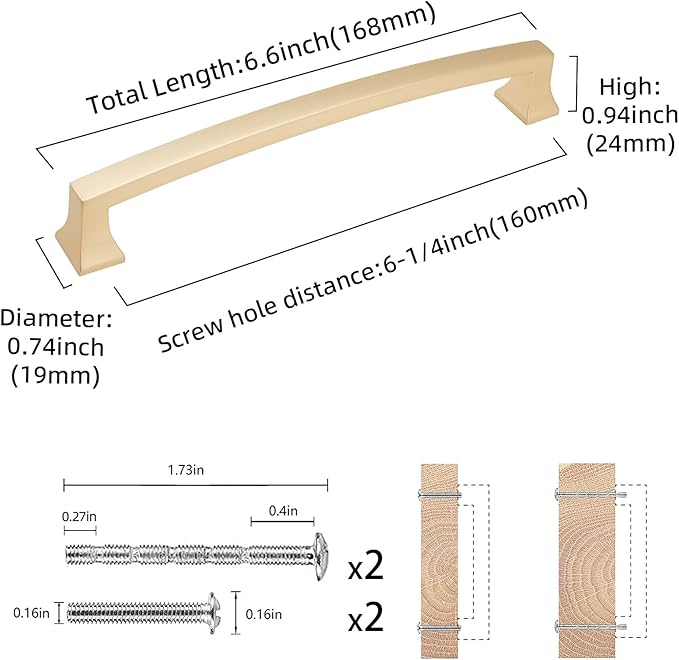 COTYKILEY 10 Pack 6-1/4 Inch(160mm) Brushed Brass Cabinet Handles Gold Kitchen Cabinet Pulls Cabinet Door Handles Kitchen Cabinet Hardware