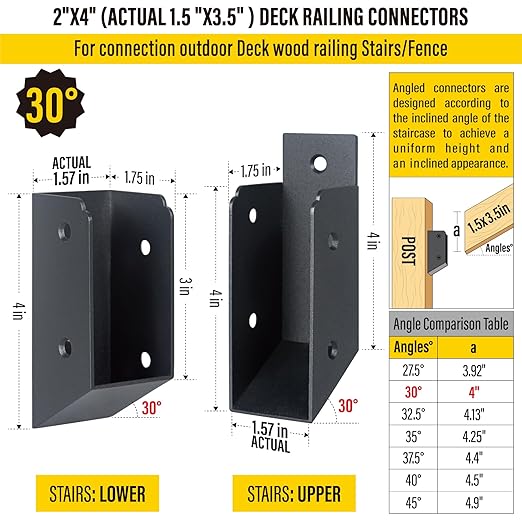 201 Stainless Steel 2" x 4" (1 ½" x 3 ½" Actual) Deck Railing 30° Stair Connectors, for Deck Railing Stair Handrail Connection Installation Deck Railing Bracket (8 Pair-Black)