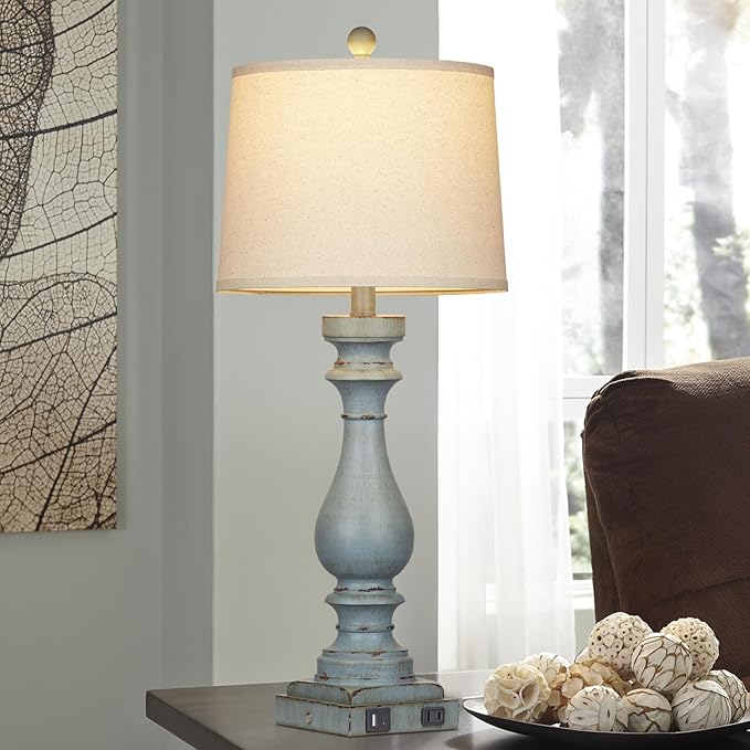 29" Tall Table Lamp for Living Room Set of 2,Coastal Bedside Nightstand Lamps with USB C+A Ports & AC Outlet,3-Way Dimmable Touch Control Retro Blue Desk Lamp for Bedroom,Color 3