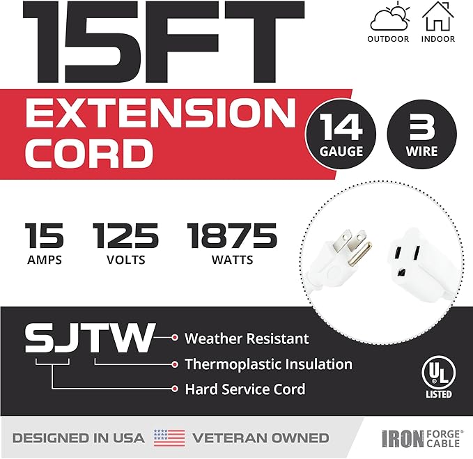 Iron Forge Cable Weatherproof White Outdoor Extension Cord 15 ft - 14/3 SJTW Heavy Duty White Extension Cord 3 Prong - 15 Amp Exterior Power Cable