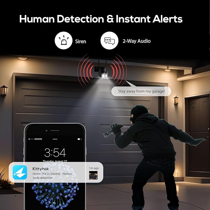 Kittyhok Wireless Solar Security Camera System | 4pcs Bullet Solar Camera, 2pcs PT Solar Security Camera Outdoor, Solar Power, Human Detection, Spotlight, 10CH NVR, Local Storage, No Monthly Fees