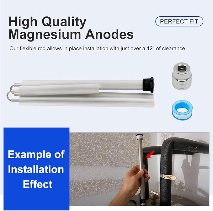 44 Inch Flexible Magnesium Water Heater Anode Rod 3/4" NPT Thread Replacement for AO Smith, Rheem, Reliance, Richmond, Kenmore, GE & State Includes 1-1/16" Hex Socket Tool & Teflon Tape