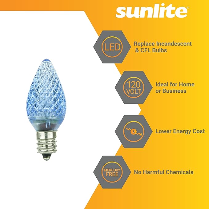 Sunlite 40458 LED C7 Holiday Decorative Light Bulb, 0.4 Watts, E12 Candelabra Base, Faceted Christmas-Lights; Nightlight, Blue 24 Count