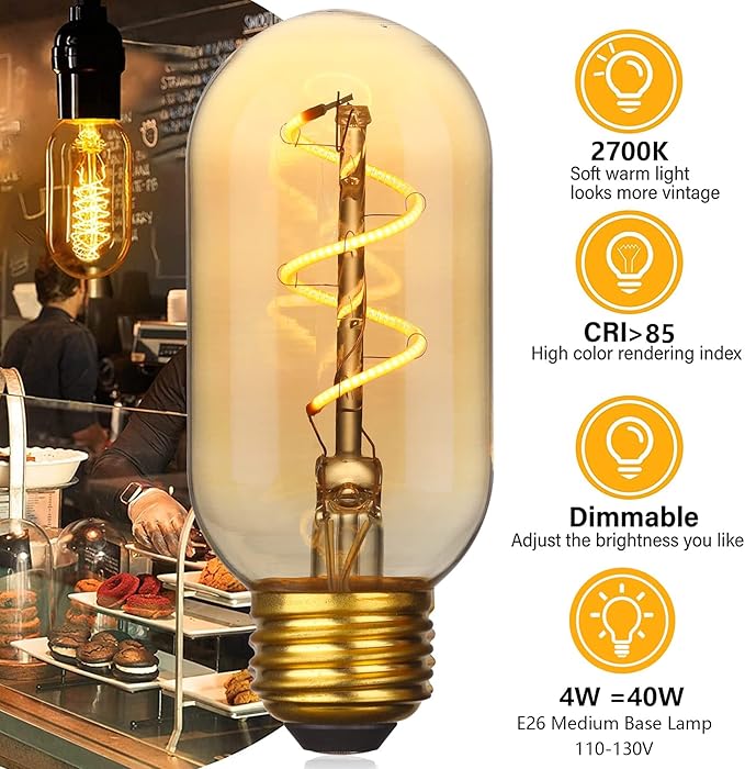 4 Pack T45/T14 LED Light Bulbs, 4W 2700k 550Lm Vintage Edison Bulbs 40 Watt Equivalent, Amber Tube Bulbs Warm Yellow,Decoration Amber Glass Retro Tubular Style Glass Light Bulbs