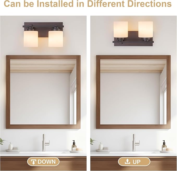 2 Light Modern Bathroom Light Fixtures Over Mirror, Bronze Finish Vanity Lights for Bathroom Wall Sconces with Milky White Glass Shades, E26 Socket (Bulbs Not Included)