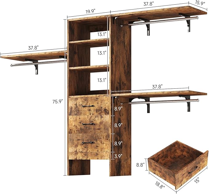 8FT Closet System, 96'' Closet Organizer System with 3 Hanging Rods, Wall Mount Bedroom Wardrobe with 3 Drawers Walk-in Closet, Adjustable Cloth Garment Rack from 5 to 8FT (Cut to Fit), Rustic Brown