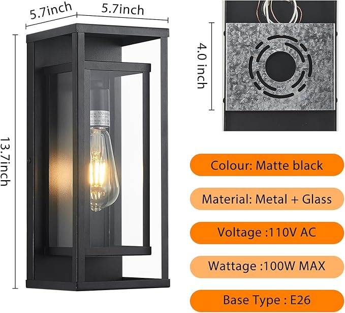 14" Outdoor Wall Lights Fixtures, Black Exterior Lighting Fixtures, Waterproof Outdoor Wall Lantern Modern Front Porch Lights with Clear Glass Coach Lights for Garage, Porch, Front Door 2-Pack
