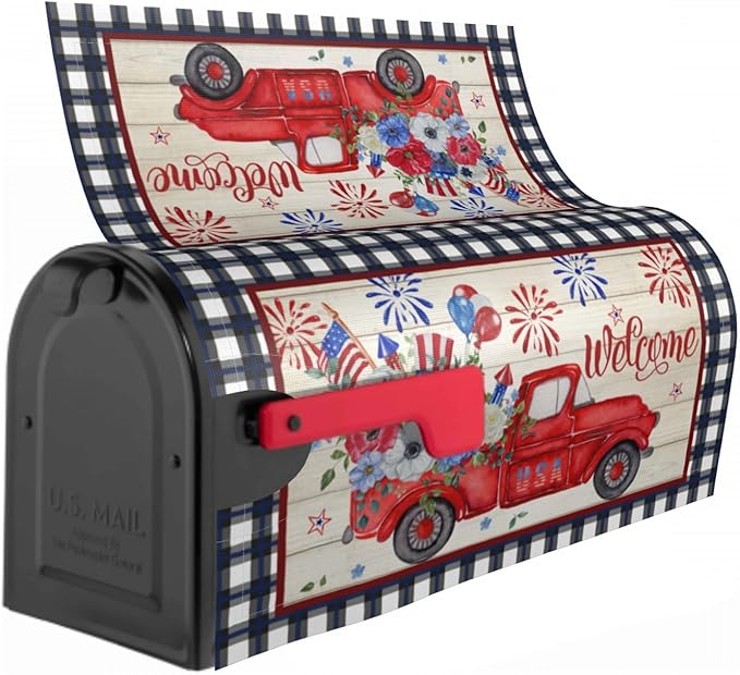 Buffalo Plaid Patriotic Mailbox Covers - American Flag Red Blue Floral Truck Magnetic Standard Size 21x18 In Waterproof Post Box Wraps Garden Yard Home Decor for Outdoor