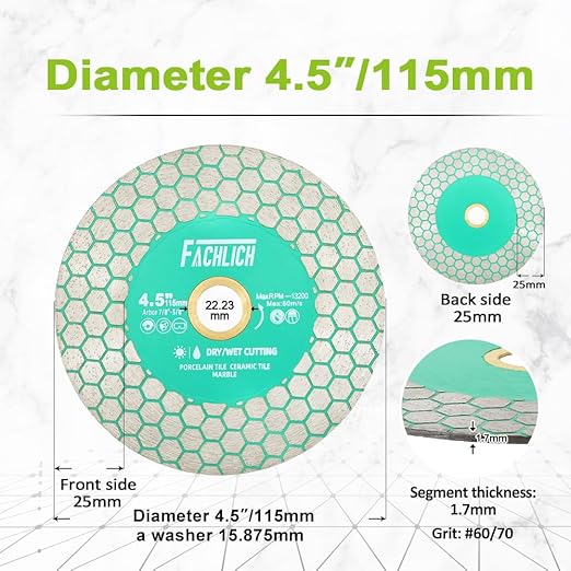 4-1/2" Diamond Tile Saw Blade - FACHLICH 115mm Cutting Wheel for Cutting and Grinding Porcelain Ceramic Tile Marble Artificial Stone