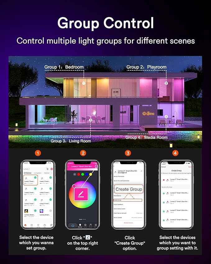 Lumary 3 Inch Smart LED Recessed Light, Color Changing Wafer WiFi Ceiling Downlight, Canless w/J-Box, Compatible with Alexa/Google/Remote-Not Included, 7W 350Lm, 4 Pack