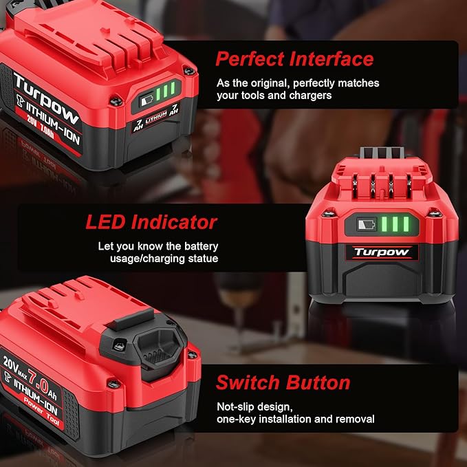 TURPOW 7.0Ah Upgraded Designed for Craftsman 20V Battery V20 Lithium Ion Battery for CMCB205 CMCB204 CMCB206 CMCB202 CMCB201 20V Cordless Power Tools, Long Lasting & Fast Charging Working All Day