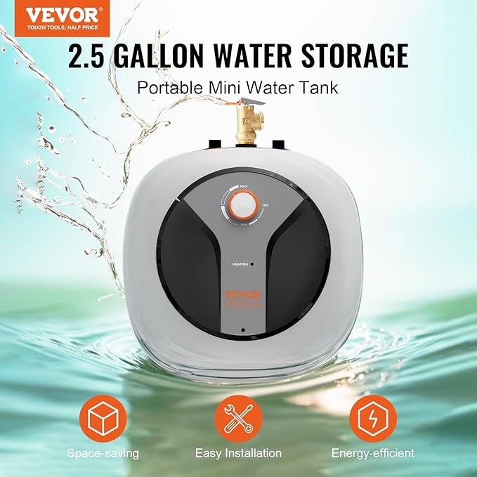 VEVOR Electric Mini-Tank Water Heater 2.5-Gallon Tank, 1440W Hot Water Boiler Storage, Safety Temperature Pressure Valve Easy Install, for Kichen Bathroom Restaurant, Shelf Wall Floor Mounted