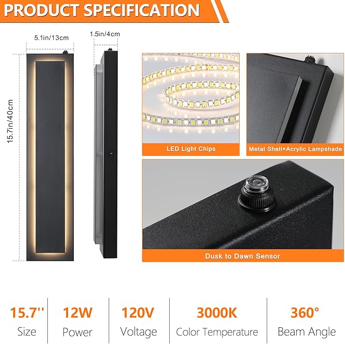 tewei LED Outdoor Wall Sconce Dusk to Dawn Outdoor Lighting, Modern Exterior Lighting Fixtures Matte Black LED Outdoor Wall Lights for House Front Porch, Warm White 3000K, 1 Pack