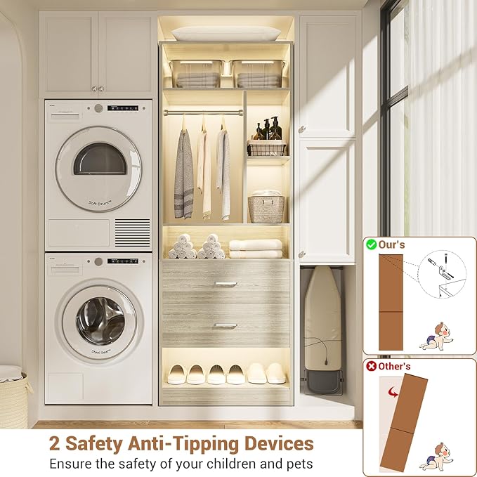 4FT Closet System with 4 Wood Drawers, 48" Closet Organizer System with 10+ Small Shelves & 2 Hanging Rods, Walk-in/Nursery Closet Systems, Set of 2, White Oak (48" L x 15" W x 80" H)