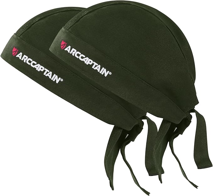 ARCCAPTAIN 2PC Welding Doo Rag, Welding Cap, Protective Welders Cap, Welding Hats for Men, Fireproof Cotton and Durable for Safety, Olive-green, XL