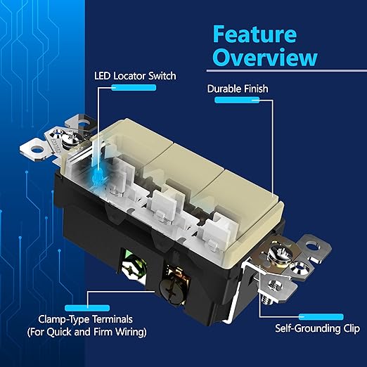 LIDER Minimalist Design Matte Finish Lighted Triple Switch with Screwless Wall Plate, Combination Frameless Decorator Switch with Locator Light, Ground Terminal Single Pole, 15A 120V, UL Listed, Ivory