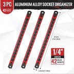 Magnetic Socket Organizer, 3-Piece Heavty Duty Aluminum Socket Holder, Socket Rail for Tool Box, Premium Quality 360° Swivel Socket Rack with 42 Clips for 1/4-Inch(Red)