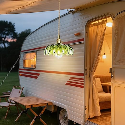 Plug in Pendant Light Fixture, Kylanle Green Glass Hanging Lamp with 14.7FT Cord On/Off Switch, Gold E26 Swag Light, Long Lasting Hanging Lamp Shade for Kitchen Island, Bedroom, Dining, Living Room