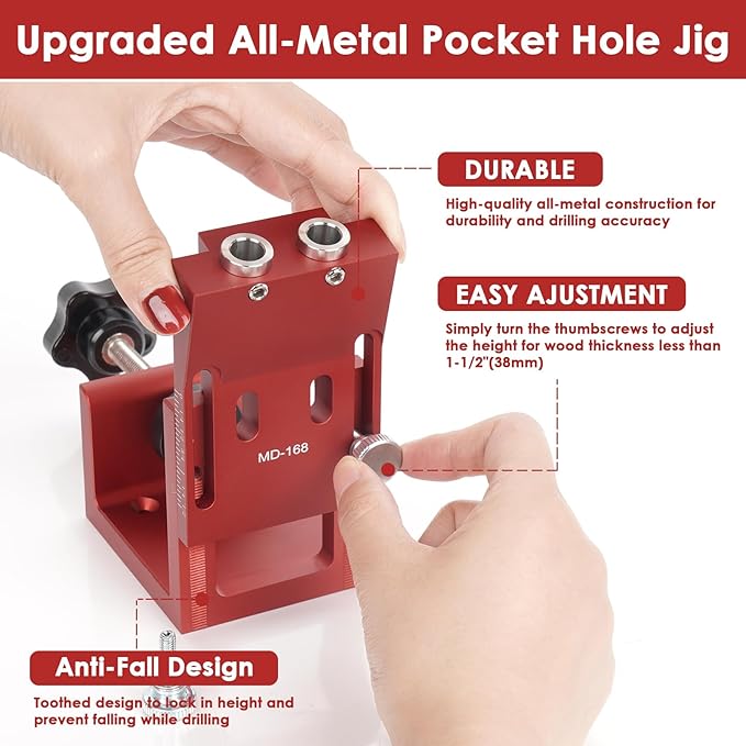 Pocket Hole Jig Kit, Adjustable Aluminum Pocket Hole System, Portable Screw Jig Set Guides Joint Carpentry Locator Woodworking Tools with Wooden Hole Plugs