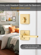 3 Sets Entry Door Handle and Single Cylinder Deadbolt Lock and Key Combo Pack - Heavy Duty Square Locking Lever Set - Interior/Exterior Door Levers in Satin Brass Finish