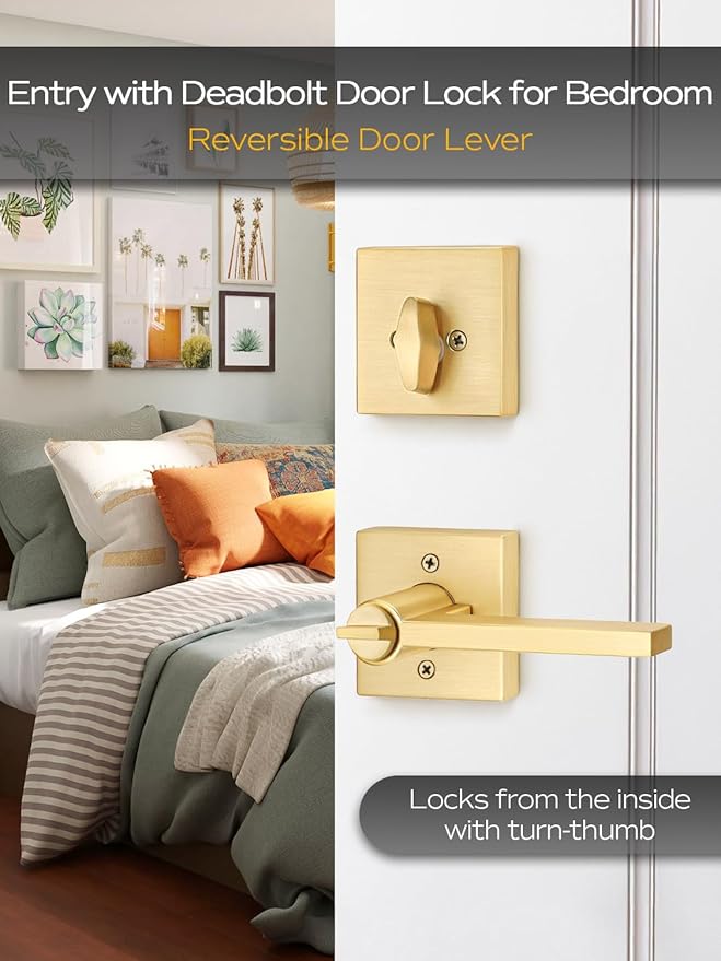 2 Sets Entry Door Handle and Single Cylinder Deadbolt Lock and Key Combo Pack - Heavy Duty Square Locking Lever Set - Interior/Exterior Door Levers in Satin Brass Finish