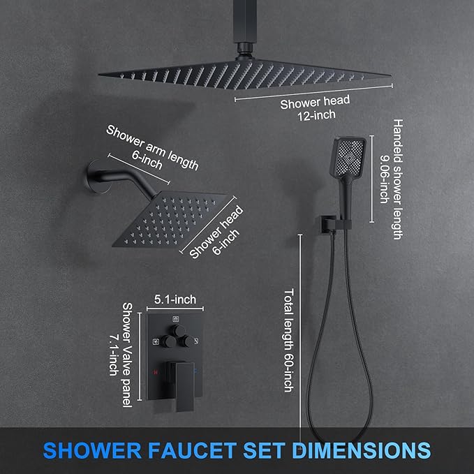 Shower Faucet Set, 12" Ceiling Mount Rainfall Shower System with 2 Rain Shower Head and Multi-function Handheld Head Push Button Diverter Shower Faucet Trim Kit (12", Matte Black)