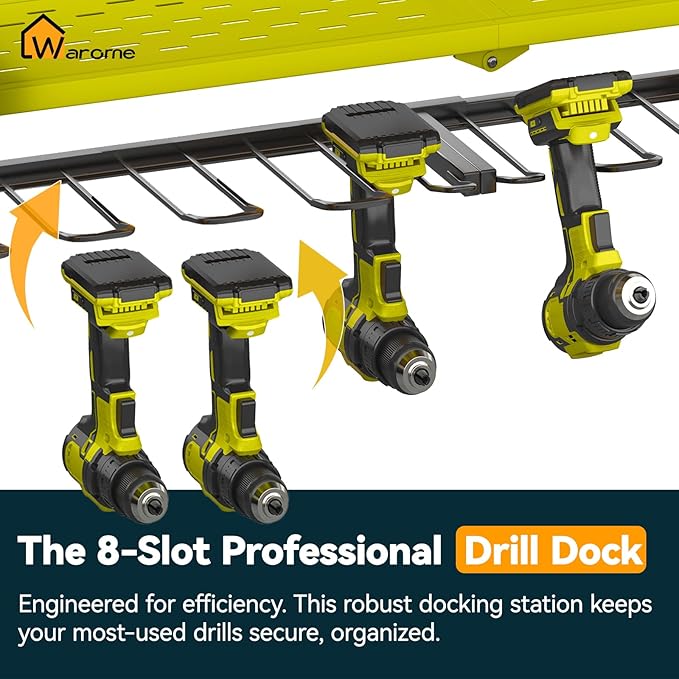 Warome Garage Power Tool Organizer with 8-Outlet Power Strip, Tool Storage Rack Wall Mount with 8 Cordless Drill Holders, Tool Organization Shelf with Charging Station in Green