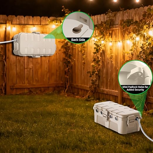 QUOBAS Outdoor Waterproof Electrical Box with 6 Cable Ports, IP54 Weatherproof Heavy-Duty Extension Cord Cover for Power Strips, Garden Power Tools, Holiday Lights, Almond