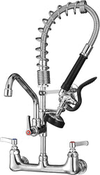 Commercial Faucet with Sprayer 21" Height 8" Center Wall Mount Kitchen Sink Faucet Brass Constructed Polished Chrome Pre-Rinse Device with Spring and 8" Add-on Spout