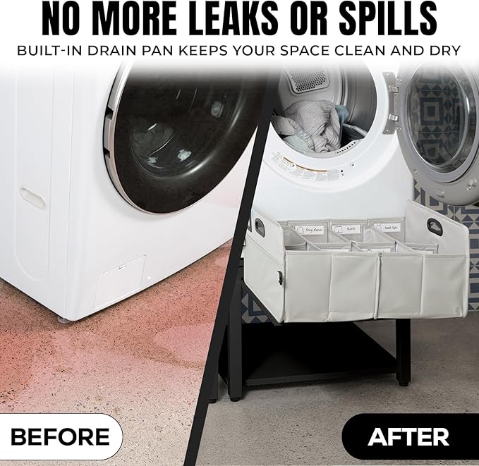 Washer and Dryer Pedestals with Pullout-Shelf - 28" W, 18" H, Black Steel Universal Fit with Major Brands | Laundry Pedestal with Drain Pan & Hose | Washer Stand for Back Pain Relief, 800 lbs Capacity