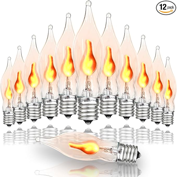 12 Pack C7 Clear Flickering Flame Light Bulbs, Christmas Halloween Decorations E12 Flame Bulbs, Ideal for Candelabra Flame Light Bulbs & Replacement Bulbs for String Lights,1W, 120V