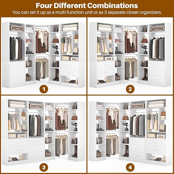 Corner Closet System with 5 Drawers, Closet Organizer System with 15+Shelvess & 4 Hanging Rods, 63.2"L * 63.2"W / 87.2"L * 39.2"W Reversible L Shaped Walk-in Closets, Load 2500+LBS, White