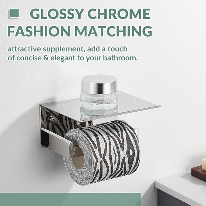 Toilet Paper Holder with Phone Shelf Polished Chrome, APLusee Bathroom Accessories 304 Stainless Steel Tissue Roll Dispenser Storage Wall Mounted