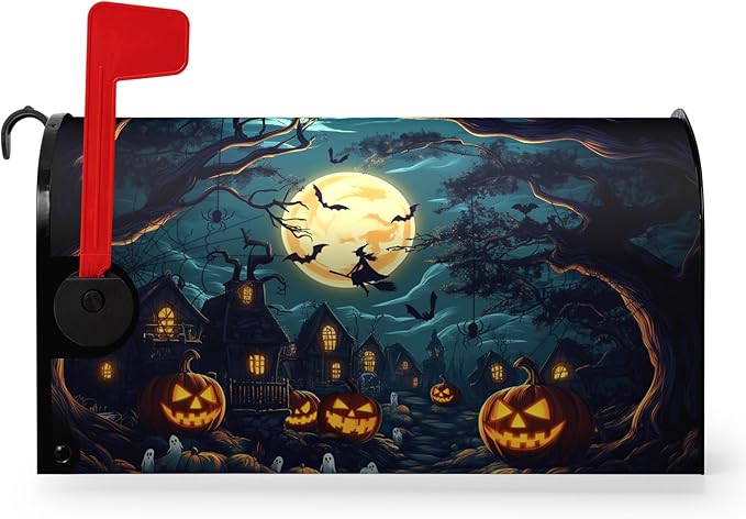 Halloween Pumpkin Castle Mailbox Covers Magnetic Standard Size 21x18 Inch Spooky Witch Mailbox Cover Moon Night Letter Post Box Wraps for Garden Yard Outdoor Decor