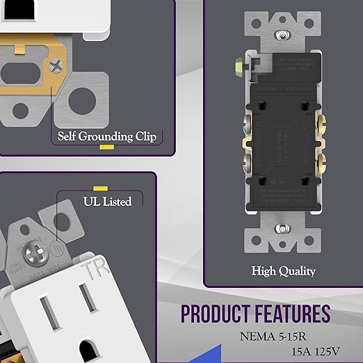 ENERLITES 61501-TR-WWP Decorator Receptacle Outlet with Wall Plate, Tamper-Resistant, Residential Grade, 3-Wire, Self-Grounding, 2-Pole, 15A 125V, UL Listed, White