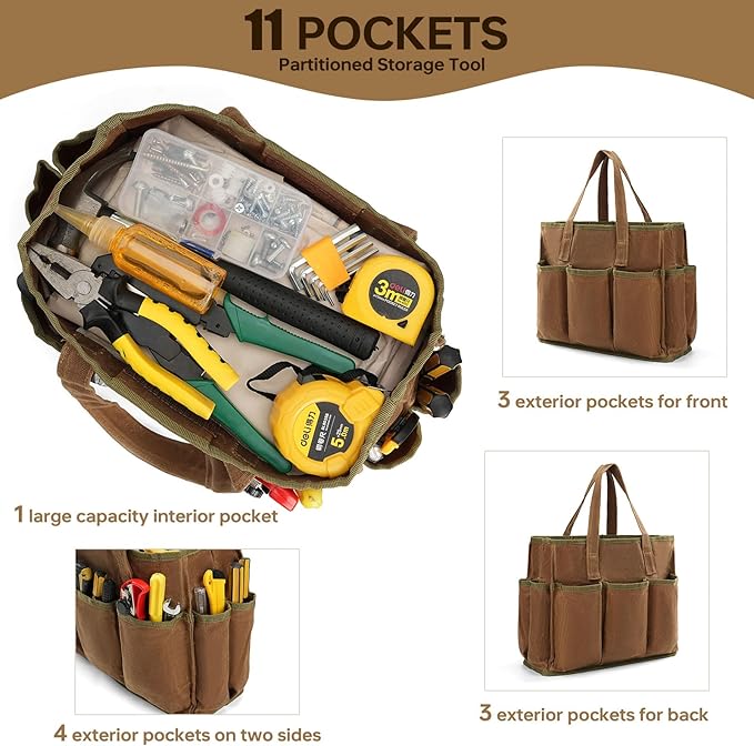 13in Tool Bag, Heavy Duty 19oz Waxed Canvas Bag 11-Pocket Portable Tool Bag Organizer Storage Toolbox for Gardener Welders Electrician Working Mechanic tool bags for men