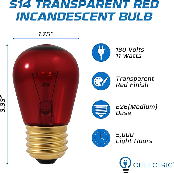 OHLECTRIC Red Night Light Bulbs (10-Pack) 11-Watt S14 Sign Bulb, Decorative Light Bulbs, E26 Medium Base, Colorful Bulbs, Dimmable, Sign Replacement Lamp for Indoor & Outdoor Use. Avg Hours 5000