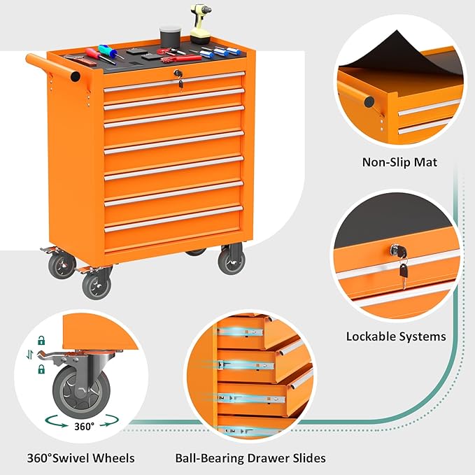7-Drawer Rolling Tool Chest with Wheels, Tool Box with Locking System and Sliding Drawers, Tool Box Organizer for Garage, Warehouse, Workshop(Orange)