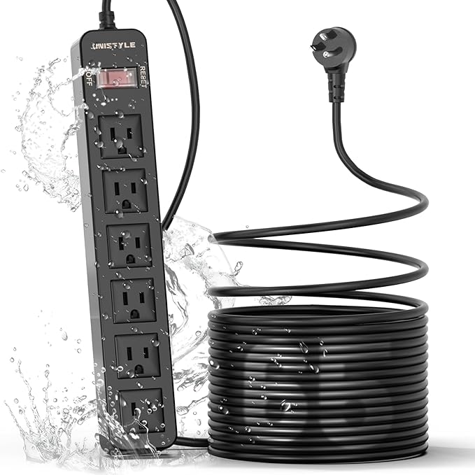 65 FT Outdoor Power Strip Weatherproof with Surge Protector - 6 AC Outlets, Unistyle 1700 J Lightning Protection, IPX4 Waterproof Extension Cord for Christmas Lights, Camping & Pool Parties Black