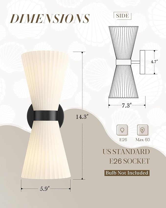 Black Wall Sconces Set of Two, HWH Modern Wall Light Fixtures Indoor Wall Lamp Up and Down, Matte Black Finish with Frosted Milk White Striped Glass Shade, 5HZG97B-2W-2PK BK