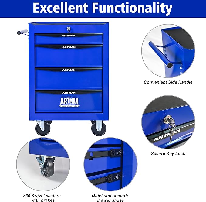 4 Drawers Rolling Tool Box on Wheels, Multifunctional Tool Chest Cabinet with Lock, Drawers Rolling Tool Cart Trolley Organizer Tool Storage Case for Warehouse,Garage,Workshop (Blue)