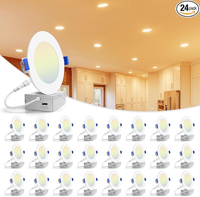 VOLISUN 24 Pack 4 inch Recessed Lighting, 5CCT LED Recessed Light with Junction Box, 2700K-5000K Selectable, 9.5W Eqv 80W, 810LM Dimmable Canless Wafer Downlight, LED Ceiling Light ETL Certificated
