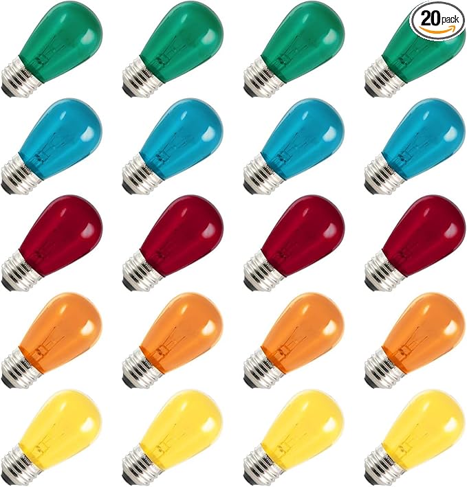 S14 Christmas Replacement Light Bulbs, 20 Pack Glass Edison Vintage Bulbs, 11 Watt, E26 Medium Base, Waterproof Commercial Christmas Bulb for Indoor Outdoor Home Patio Garden Decoration, Multicolor
